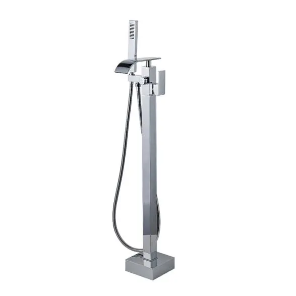 Polish Chrome Floor Mount Tub Filler Waterfall Freestanding Bathtub Faucet Standing High Flow with Handheld Shower Mixer Taps Swivel Spout